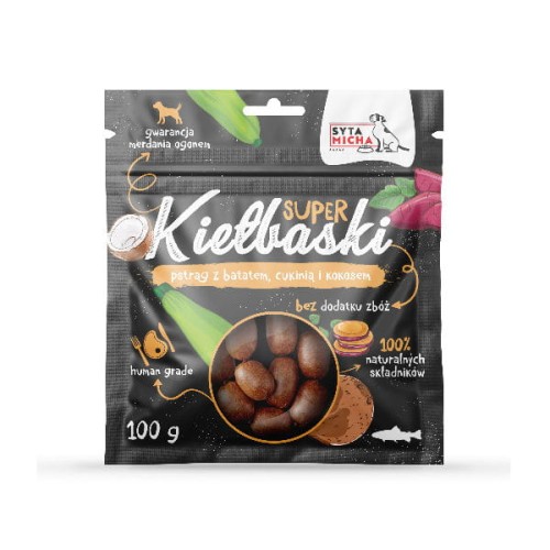 SYTA MICHA Kiełbaski z pstrągiem, batatem, cukinią i kokosem dla psa - 100 g.jpg