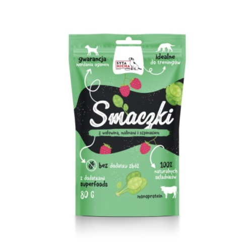 SYTA MICHA Smaczki z wołowiną, malinami i szpinakiem dla psa - 80 g.png
