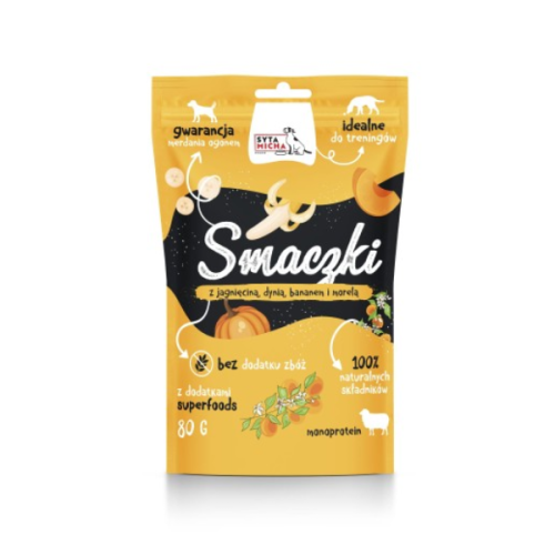 SYTA MICHA Smaczki z jagnięciną, dynią, bananem i morelami dla psa - 80 g.png