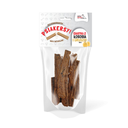 SYTA MICHA PRZYSMAKI PSIAKERSY ŁOSOŚ Z GRUSZKĄ - CIASTKA DLA PSA - 100 g.png