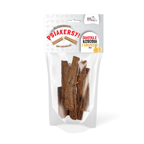 SYTA MICHA PRZYSMAKI PSIAKERSY ŁOSOŚ Z GRUSZKĄ - CIASTKA DLA PSA - 100 g.png