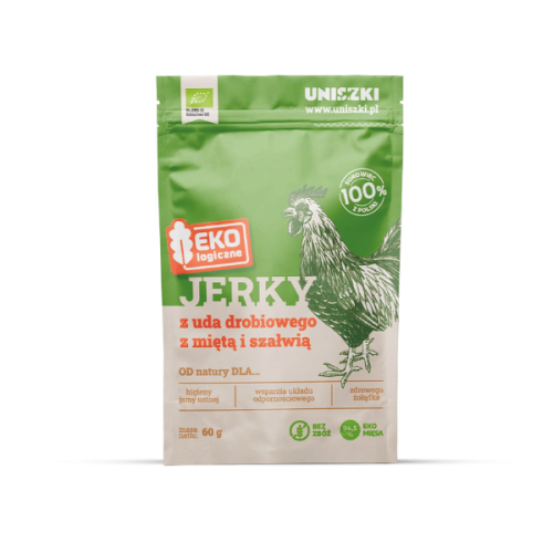 UNISZKI Ekologiczne Jerky z uda drobiowego z miętą i szałwią- naturalna przekąska dla psów - 60 g.png