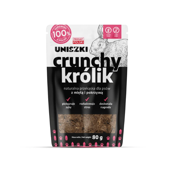 UNISZKI CRUNCHY Królik z miętą i pokrzywą - naturalna przekąska dla psów - 80 g (1).png