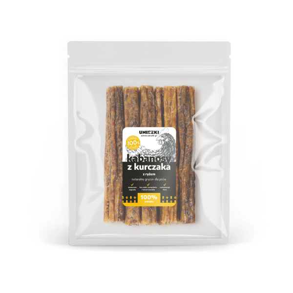 UNISZKI Kabanosy z kurczaka z ryżem - naturalne gryzaki dla psów 100g (1).png