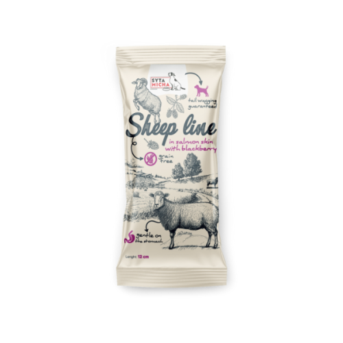 SYTA MICHA Kość do żucia Sheep Line Owca w skórze łososia z jeżyną dla psów - 12 cm.png