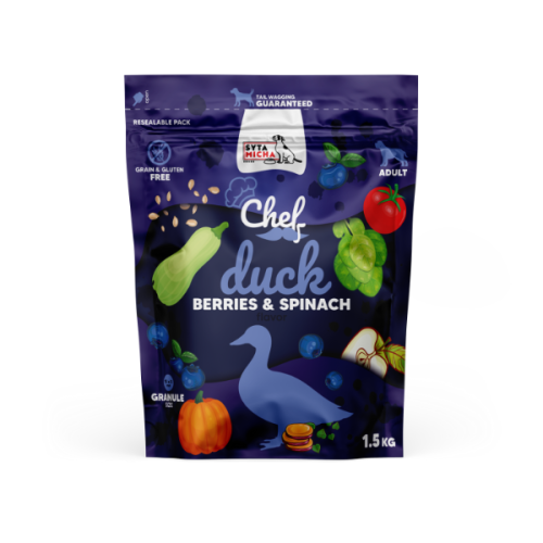 SYTA MICHA Sucha karma dla psów - kaczka, jagody i szpinak dla psów 1,5 kg.png