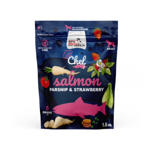 SYTA MICHA Sucha karma dla psów - łosoś, pasternak i truskawka 1,5 kg.png