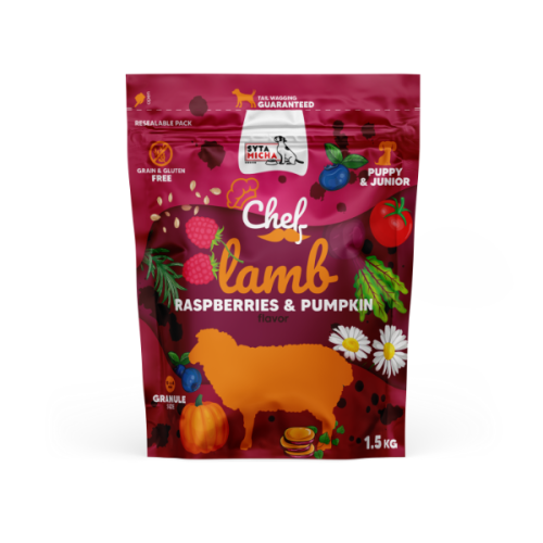 SYTA MICHA PUPPY &amp; JUNIOR Sucha karma dla szczeniąt - jagnięcina, malina i dynia 1,5 kg.png