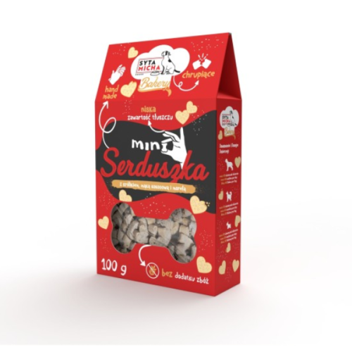SYTA MICHA Pieczone ciastka dla psa Mini serduszka z królikiem, mąką kokosową i morelą -100 g.png