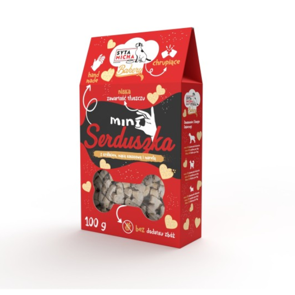 SYTA MICHA Pieczone ciastka dla psa Mini serduszka z królikiem, mąką kokosową i morelą -100 g.png