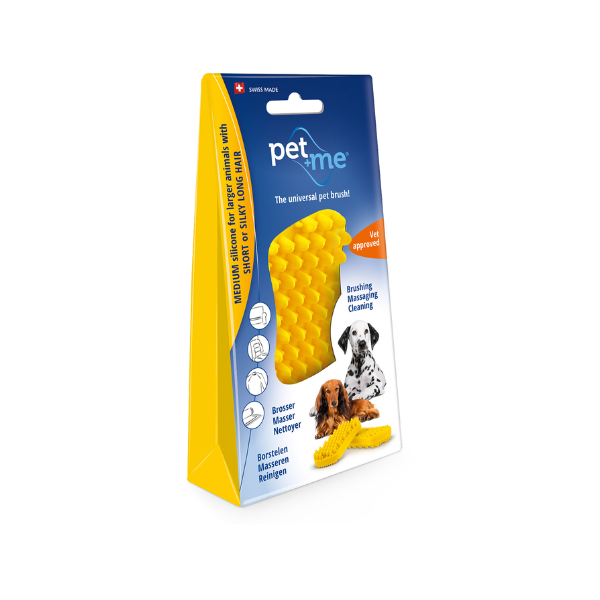 Pet+Me Medium Silicone Brush Yellow - szczotka silikonowa dla psa, o sierści krótkiej i gęstej, długiej i jedwabistej lub szorstkowłosego (3).png