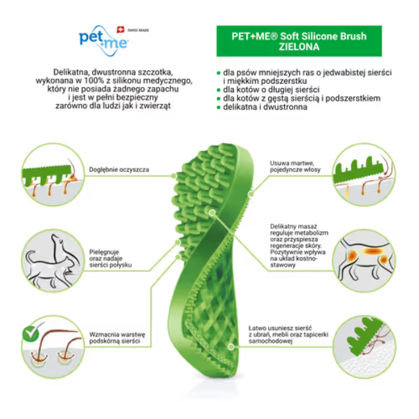 Pet+Me Soft Silicone Brush Green -  szczotka silikonowa dla małych psów i kotów z długą, gęstą sierścią i miękkim podszerstkiem (5).png