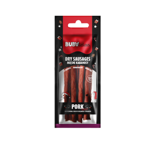 BUBA BUBAlicious More Meat XMAS Kabanosy dla psów i kotów - wieprzowina z jabłkiem i cynamonem - 70 g.png