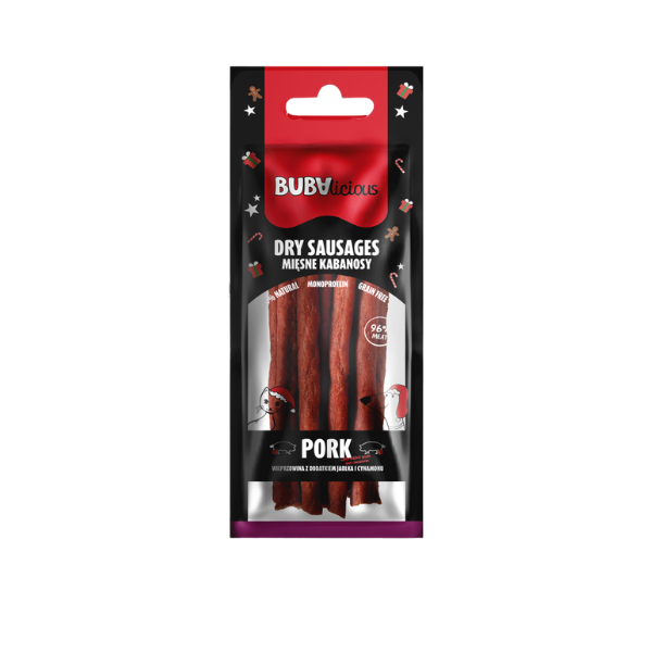 BUBA BUBAlicious More Meat XMAS Kabanosy dla psów i kotów - wieprzowina z jabłkiem i cynamonem - 70 g.png
