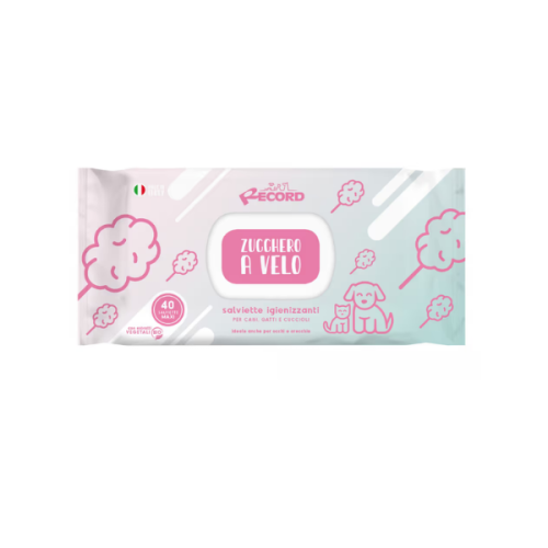 Record Uniwersalne chusteczki do czyszczenia sierści, oczu, uszu psa i kota - zapach waty cukrowej - 40 szt..png