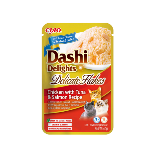 Inaba Dashi Delights Delikate Flakes - kurczak z tuńczykiem i łososiem - karma uzupełniająca w delikatnej galaretce dla kota - 40 g  (1).png