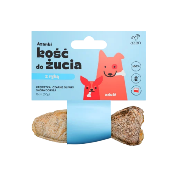 AZAN Kość do żucia ADULT z krewetką i czarnymi oliwkami w skórze dorsza - 12 cm