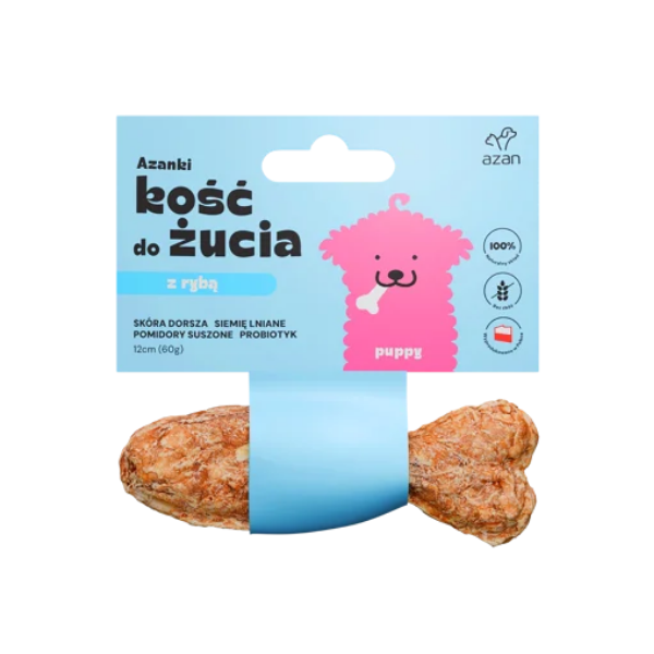 AZANKI Kość do żucia PUPPY ze skórą dorsza, siemieniem lnianym, pomidorami suszonymi i probiotykiem dla szczeniąt i młodych psów wszystkich ras - 12 cm