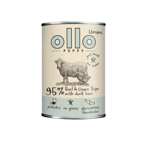 OLLO Puppy Umami Wołowna i zielone żwacze z kaczą wątróbką dla szczeniąt - 400 g (1).png