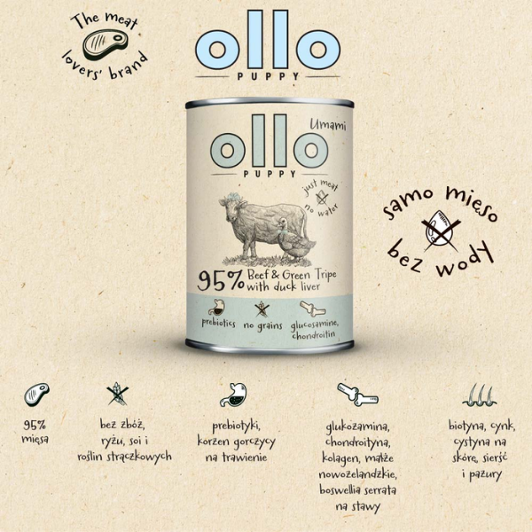 OLLO Puppy Umami Wołowna i zielone żwacze z kaczą wątróbką dla szczeniąt - 400 g (3).png