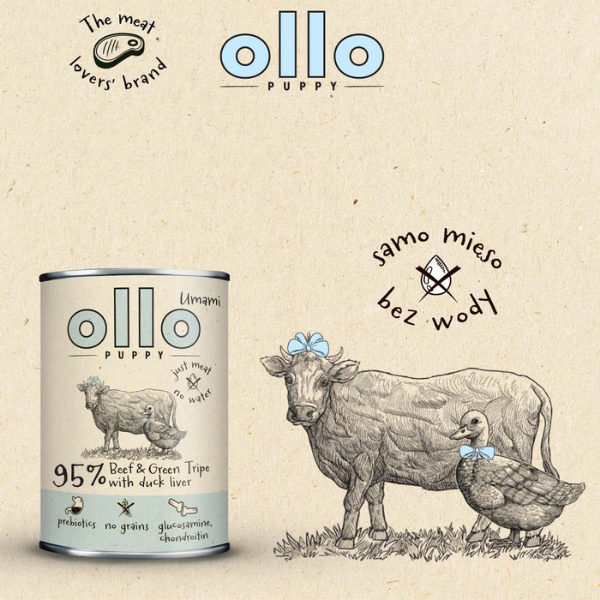 OLLO Puppy Umami Wołowna i zielone żwacze z kaczą wątróbką dla szczeniąt - 400 g (5).png