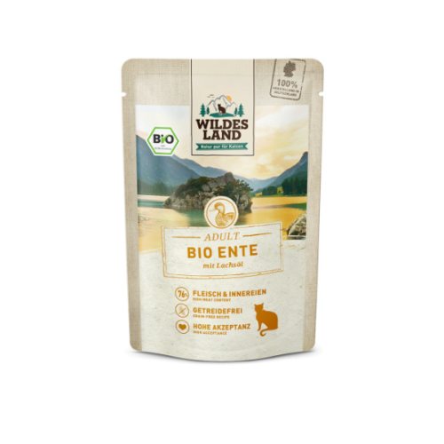 WILDES LAND CAT BIO Karma mokra pełnoporcjowa dla kotów - kaczka z olejem z łososia - 85 g (1).png