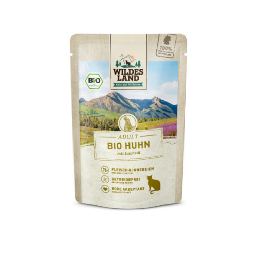 WILDES LAND CAT BIO Karma mokra pełnoporcjowa dla kotów - bio kurczak z olejem z łososia - 85 g  (1).png