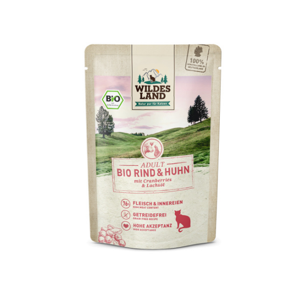 WILDES LAND CAT BIO Karma mokra pełnoporcjowa dla kotów - bio wołowina z kurczakiem i żurawiną - 85 g (1).png