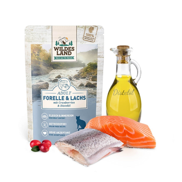 WILDES LAND CAT CLASSIC Karma mokra pełnoporcjowa dla kotów - pstrąg z łososiem i żurawiną - 100 g (1).png
