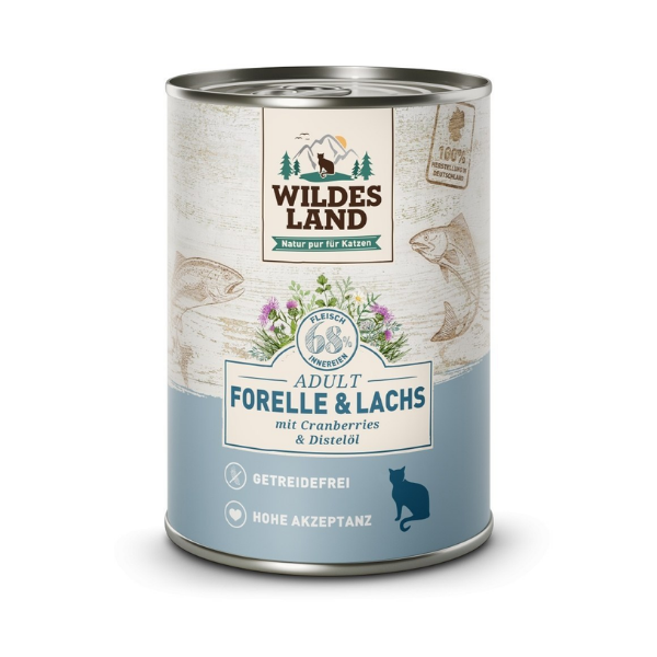 WILDES LAND CAT CLASSIC Karma mokra pełnoporcjowa dla kotów - pstrąg z łososiem i żurawiną 375 g.png