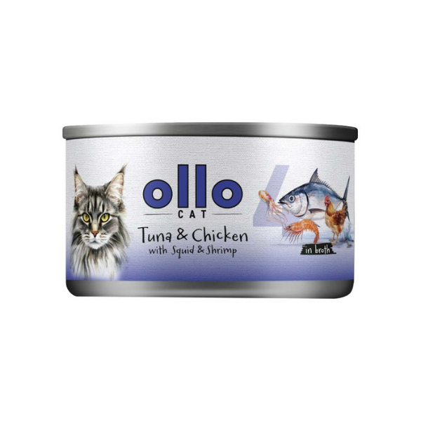 OLLO CAT nr 4 Tuńczyk i kurczak z kałamarnicą i krewetkami w sosie własnym - karma mokra dla kotów  - 70 g (1).png