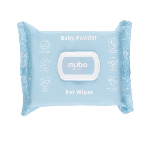 Mubo Baby Powder Pet Wipes Delikatne chusteczki z aloesem dla psa i kota, o zapachu dziecięcego pudru - 100 szt..png