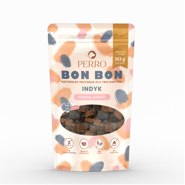 PERRO BON BON INDYK PIĘKNA SIERŚĆ Przysmaki z dodatkiem funkcyjnym dla psów - 80 g