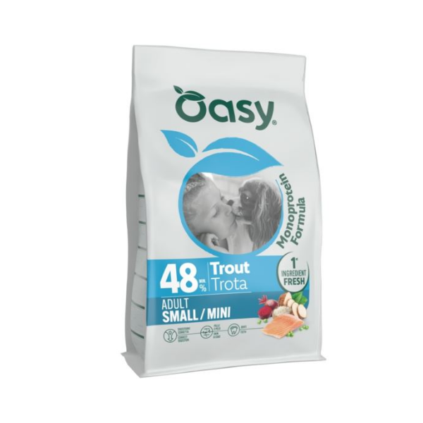 OASY MONOPROTEIN ADULT SMALL MINI TROUT Karma pełnoporcjowa z pstrągiem dla psów małych ras.png