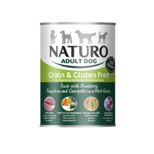 NATURO ADULT DOG Naturo Grain & Gluten Free Karma mokra z kaczką, jagodą, dynią, cukinią w sosie ziołowym kami, mieszanką papryk, zieloną fasolką w sosie ziołowym dla wrażliwych psów -  390g.jpg