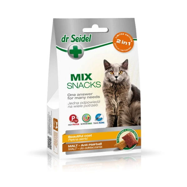 DR SEIDEL Smakołyki MIX 2 w 1 na piękną sierść i do odkłaczania dla kotów - 60 g.jpg