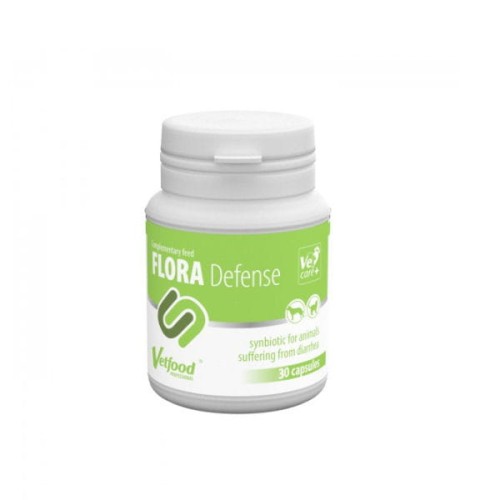VETFOOD FLORA DEFENCE Synbiotyk pomocny w zaburzeniach żółądkowo-jelitowych (ostre biegunki) u psów, kotów, chomików, fretek i szczurków - 30 kapsułek.jpg