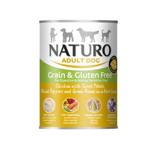 NATURO ADULT DOG Naturo Grain & Gluten Free Karma mokra z kurczakiem, słodkimi ziemniakami, mieszanką papryk, zieloną fasolką w sosie ziołowym dla wrażliwych psów - 390g.jpg